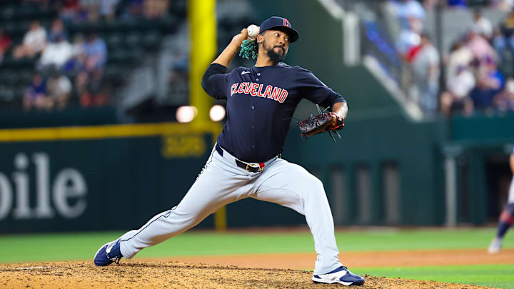 May 14, 2024; Arlington, Texas, USA;  Cleveland Guardians pitcher Emmanuel Clase (48) throws during the ninth inning against the Texas Rangers  at Globe Life Field. Mandatory Credit: Kevin Jairaj-USA TODAY Sports