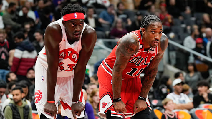 Oct 9, 2022; Toronto, Ontario, CAN; Toronto Raptors forward Pascal Siakam (43) and Chicago Bulls