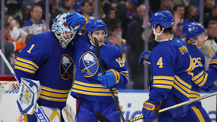 Feb 25, 2025; Buffalo, New York, USA;  The Buffalo Sabres celebrate a win over the Anaheim Ducks at KeyBank Center. Mandatory Credit: Timothy T. Ludwig-Imagn Images