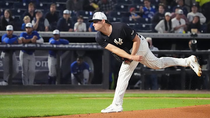 Feb 28, 2025; Tampa, Florida, USA; New York Yankees pitcher Gerrit Cole (45) throws a pitch against the Toronto Blue Jays during the first inning at George M. Steinbrenner Field. Mandatory Credit: Dave Nelson-Imagn Images Feb 28, 2025; Tampa, Florida, USA; New York Yankees pitcher Gerrit Cole (45) throws a pitch against the Toronto Blue Jays during the first inning at George M. Steinbrenner Field. Mandatory Credit: Dave Nelson-Imagn Images