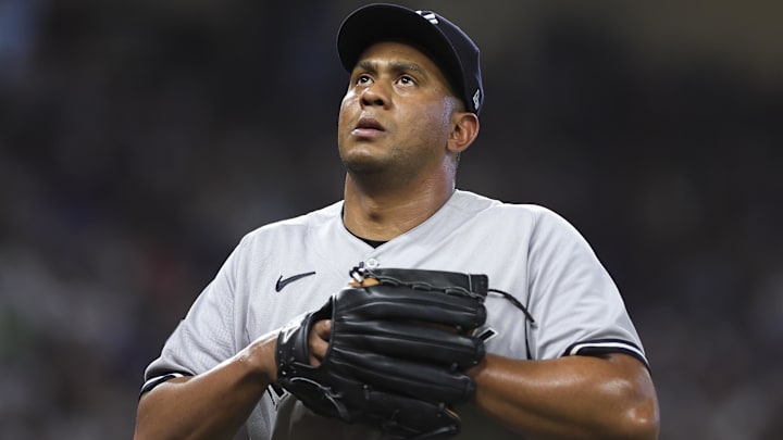 Aug 13, 2023; Miami, Florida, USA; New York Yankees relief pitcher Wandy Peralta (58) looks on as he