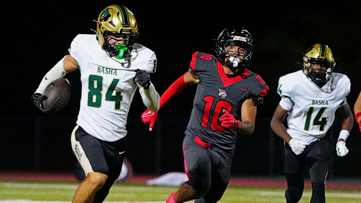 Basha wide receiver Tristian Sailer (84) breaks down the field against Williams Field during a game at Williams Field High School in Gilbert, on Sept. 12, 2025. Basha wide receiver Tristian Sailer (84) breaks down the field against Williams Field during a game at Williams Field High School in Gilbert, on Sept. 12, 2025.