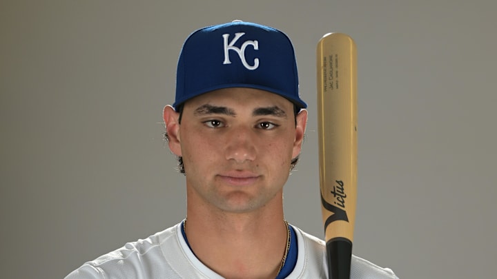 Kansas City Royals Jac Caglianone (14) poses for a photo during media day on Feb. 19.