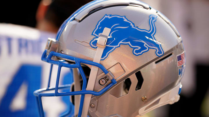 Aug 17, 2024; Kansas City, Missouri, USA; A general view of a Detroit Lions helmet during the second half of the game against the Kansas City Chiefs at GEHA Field at Arrowhead Stadium. Mandatory Credit: Denny Medley-Imagn Images