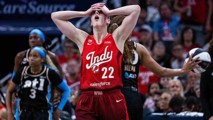 Jun 4, 2026; Indianapolis, Indiana, USA;  Indiana Fever guard Caitlin Clark (22) reacts to a call by the referee during the first half against the Atlanta Dream at Gainbridge Fieldhouse. Mandatory Credit: Trevor Ruszkowski-Imagn Images