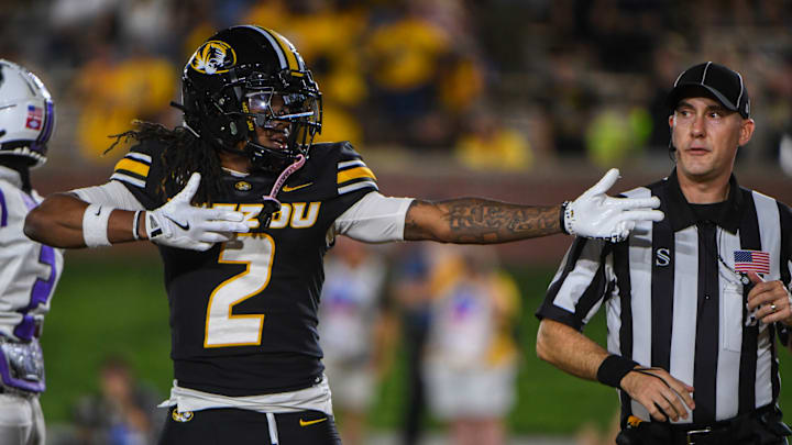Aug 28, 2025; Columbia, MO, USA; Missouri wide receiver Marquis Johnson (2) dances after a catch for a gain during a game against Central Arkansas at Faurot Field in Columbia, Mo. 