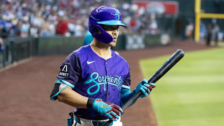 May 9, 2025; Phoenix, Arizona, USA; Arizona Diamondbacks outfielder Corbin Carroll against the Los Angeles Dodgers at Chase Field. Mandatory Credit: Mark J. Rebilas-Imagn Images