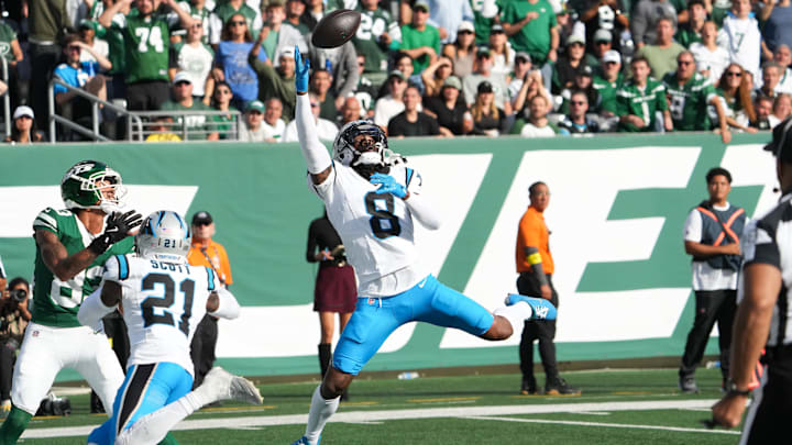 Carolina Panthers cornerback Jaycee Horn intercepts a pass during the third quarter against the New York Jets. Carolina Panthers cornerback Jaycee Horn intercepts a pass during the third quarter against the New York Jets.
