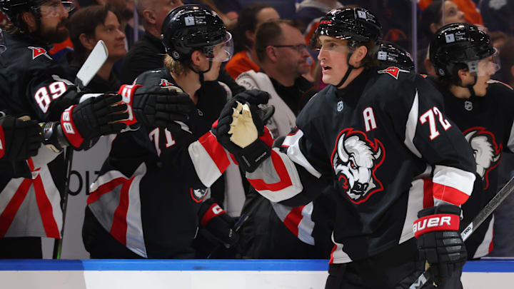 Mar 10, 2025; Buffalo, New York, USA; Buffalo Sabres center Tage Thompson (72) celebrates his second goal of the game with teammates during the third period against the Edmonton Oilers at KeyBank Center. Mandatory Credit: Timothy T. Ludwig-Imagn Images Mar 10, 2025; Buffalo, New York, USA; Buffalo Sabres center Tage Thompson (72) celebrates his second goal of the game with teammates during the third period against the Edmonton Oilers at KeyBank Center. Mandatory Credit: Timothy T. Ludwig-Imagn Images