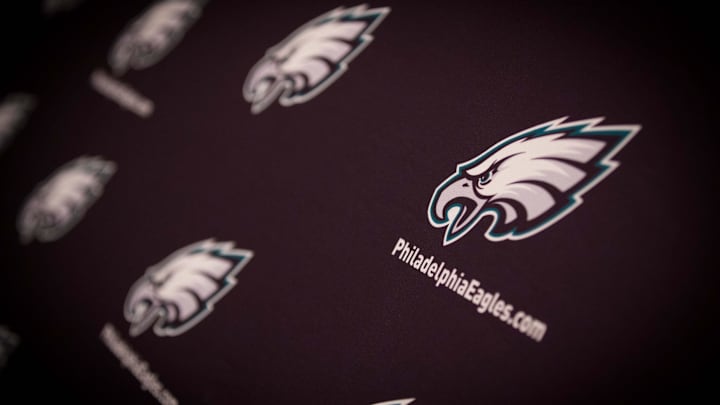 May 24, 2016; Philadelphia, PA, USA; Philadelphia Eagles graphics and logos on the interview background at OTS's at the NovaCare Complex. Mandatory Credit: Bill Streicher-Imagn Images