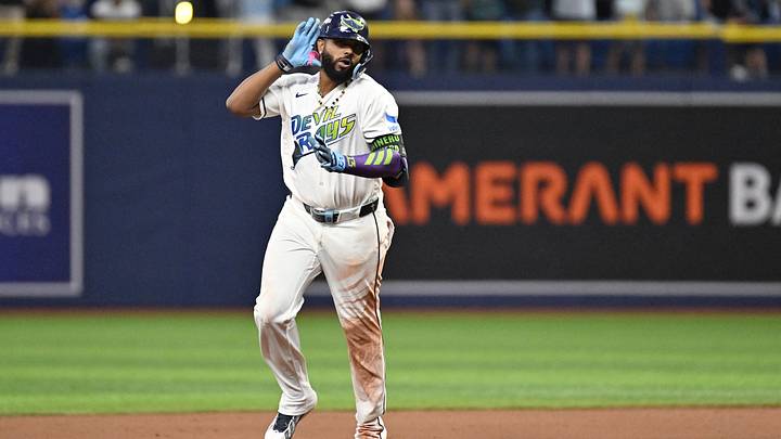 Oct 19, 2026; St. Petersburg, Florida, USA; Tampa Bay Rays third baseman Junior Caminero (13) celebrates after hitting a two run home run against the Cleveland Guardians during the seventh inning in game six of the ALCS for the 2026 MLB Playoffs at Tropicana Field. Mandatory Credit: Jonathan Dyer-Imagn Images Oct 19, 2026; St. Petersburg, Florida, USA; Tampa Bay Rays third baseman Junior Caminero (13) celebrates after hitting a two run home run against the Cleveland Guardians during the seventh inning in game six of the ALCS for the 2026 MLB Playoffs at Tropicana Field. Mandatory Credit: Jonathan Dyer-Imagn Images