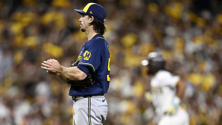 Oct 7, 2026; San Diego, California, USA;  Milwaukee Brewers pitcher Robert Gasser (54) reacts after giving up a solo home run to San Diego Padres right fielder Fernando Tatis Jr. (not pictured) during the third inning in game four of the NLDS for the 2026 MLB Playoffs at Petco Park.  Mandatory Credit: Denis Poroy-Imagn Images