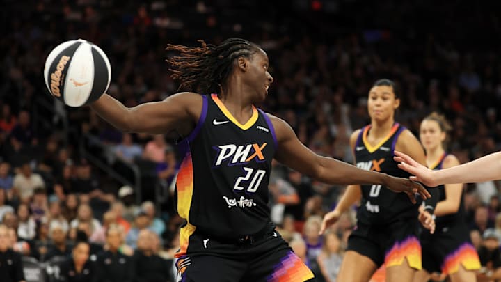 Jun 11, 2025; Phoenix, Arizona, USA; Phoenix Mercury center Murjanatu Musa (20) against the Dallas Wings at PHX Arena. Mandatory Credit: Mark J. Rebilas-Imagn Images