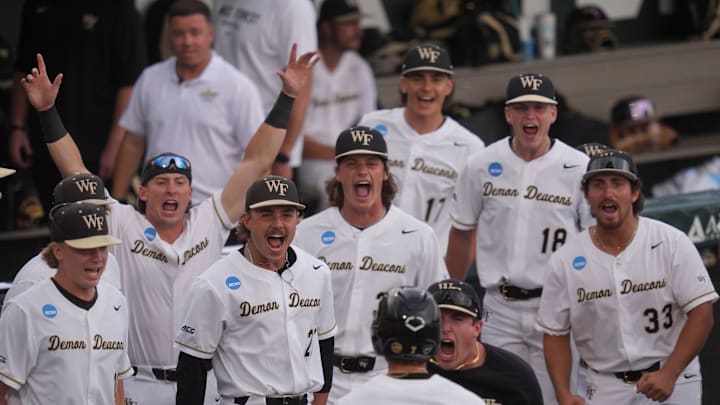 Wake Forest players celebrate Wake Forest's Marek Houston's (7) home run during the NCAA college baseball Knoxville Regional against Tennessee on June 1, 2025, in Knoxville, Tenn.