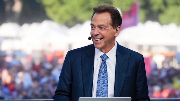Oct. 4, 2025; Tuscaloosa, Alabama, USA; Former Alabama coach Nick Saban smiles as he is on set during ESPN’s College GameDay on location on the Quad at the University of Alabama before the Alabama versus Vanderbilt game.