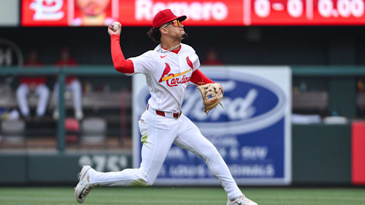 Apr 1, 2026; St. Louis, Missouri, USA; St. Louis Cardinals shortstop Masyn Winn (0) throws to first during the eighth inning against the New York Mets at Busch Stadium. Mandatory Credit: Jeff Curry-Imagn Images