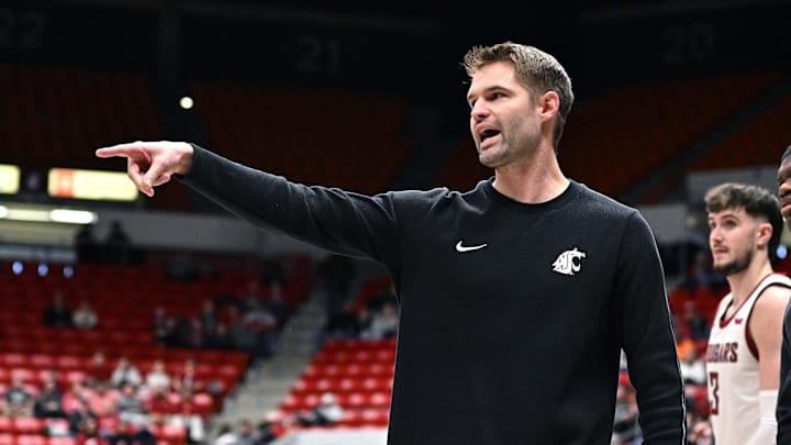 Feb 8, 2025; Pullman, Washington, USA; Washington State Cougars head coach David Riley reacts after a play against the Pepperdine Waves in the first half at Friel Court at Beasley Coliseum. Mandatory Credit: James Snook-Imagn Images Feb 8, 2025; Pullman, Washington, USA; Washington State Cougars head coach David Riley reacts after a play against the Pepperdine Waves in the first half at Friel Court at Beasley Coliseum. Mandatory Credit: James Snook-Imagn Images