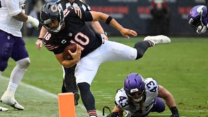 Caleb Williams skirts the sidelines and goes out against the Vikings in Week 2. Caleb Williams skirts the sidelines and goes out against the Vikings in Week 2.
