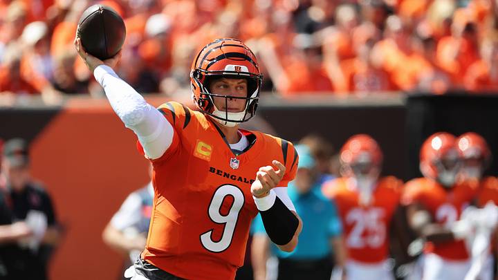 Sep 13, 2026; Cincinnati, Ohio, USA;  Cincinnati Bengals quarterback Joe Burrow (9) throws a pass during the first quarter at Paycor Stadium.  Mandatory Credit: Joseph Maiorana-Imagn Images