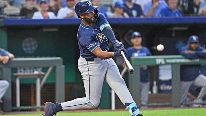 Tampa Bay Rays third baseman Junior Caminero doubles in the eighth inning against the Kansas City Royals at Kauffman Stadium. Tampa Bay Rays third baseman Junior Caminero doubles in the eighth inning against the Kansas City Royals at Kauffman Stadium.