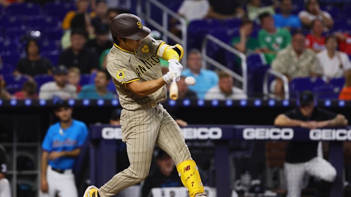 Aug 11, 2024; Miami, Florida, USA; San Diego Padres shortstop Ha-Seong Kim (7) hits a ground-rule double against the Miami Marlins during the ninth inning at loanDepot Park. Mandatory Credit: Sam Navarro-Imagn Images Aug 11, 2024; Miami, Florida, USA; San Diego Padres shortstop Ha-Seong Kim (7) hits a ground-rule double against the Miami Marlins during the ninth inning at loanDepot Park. Mandatory Credit: Sam Navarro-Imagn Images
