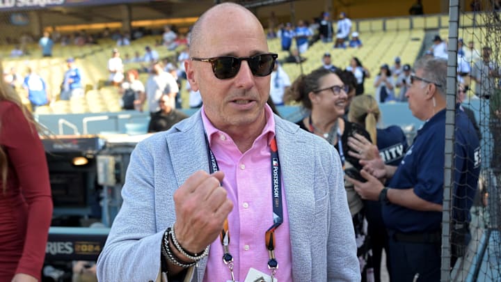Oct 25, 2024; Los Angeles, California, USA; New York Yankees general manager Brian Cashman before game one against the Los Angeles Dodgers the 2024 MLB World Series at Dodger Stadium. Mandatory Credit: Jayne Kamin-Oncea-Imagn Images