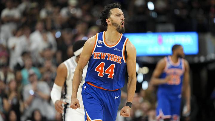 New York Knicks guard Landry Shamet (44) celebrates during the fourth quarter of game two of the 2026 NBA Finals at Frost Bank Center. 