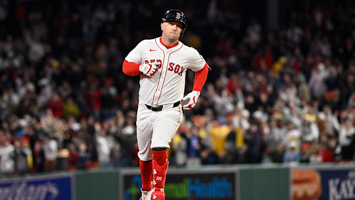 Apr 6, 2025; Boston, Massachusetts, USA; Boston Red Sox third baseman Alex Bregman (2) runs the bases after hitting a three run home run against the St. Louis Cardinals during the third inning at Fenway Park. Mandatory Credit: Eric Canha-Imagn Images