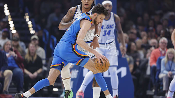 Feb 3, 2026; Oklahoma City, Oklahoma, USA; Oklahoma City Thunder center/forward Chet Holmgren (7) drives to the basket against the Orlando Magic during the first quarter at Paycom Center. Mandatory Credit: Alonzo Adams-Imagn Images