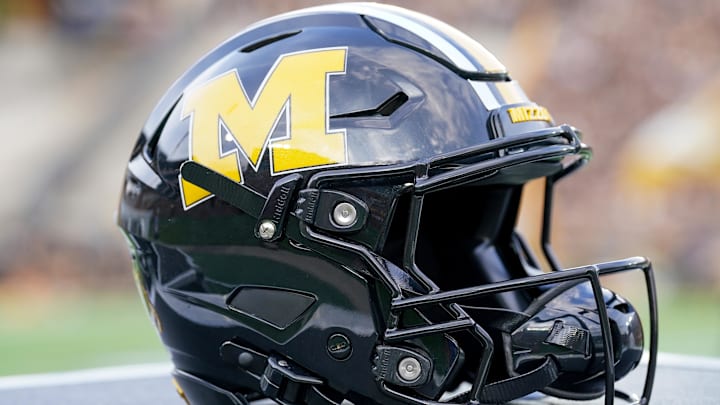 Sep 20, 2025; Columbia, Missouri, USA; A general view of a Missouri Tigers helmet against the South Carolina Gamecocks prior to a game at Faurot Field at Memorial Stadium. Mandatory Credit: Denny Medley-Imagn Images