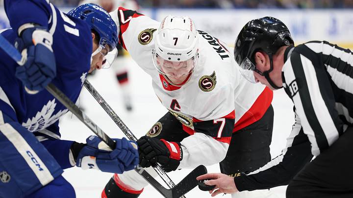 Brady Tkachuk and John Tavares battling in a face-off during one of the many Battles of Ontario that the duo took part in over the last few years.