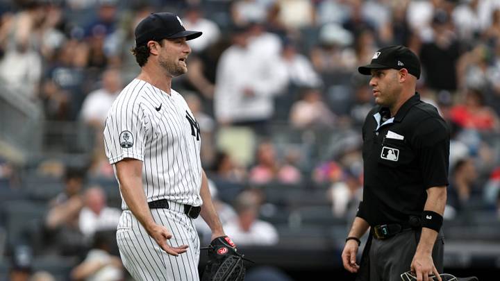 Aug 8, 2026; Bronx, New York, USA; New York Yankees pitcher Gerrit Cole (45) has a discussion with home plate umpire Dan Merzel (3) after pitching the seventh inning against the Atlanta Braves at Yankee Stadium. Mandatory Credit: John Jones-Imagn Images Aug 8, 2026; Bronx, New York, USA; New York Yankees pitcher Gerrit Cole (45) has a discussion with home plate umpire Dan Merzel (3) after pitching the seventh inning against the Atlanta Braves at Yankee Stadium. Mandatory Credit: John Jones-Imagn Images