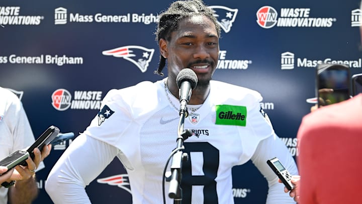 Jul 23, 2025; Foxborough, MA, USA; New England Patriots wide receiver Stefon Diggs (8) addresses the media after practice during day one of training camp at Gillette Stadium. Mandatory Credit: Eric Canha-Imagn Images