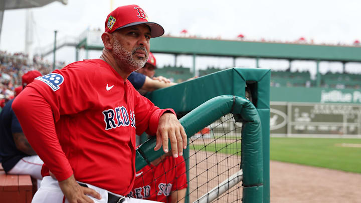 Feb 22, 2026; Fort Myers, Florida, USA;  Boston Red Sox manager Alex Cora (13) looks on during the first inning against the Toronto Blue Jays at JetBlue Park at Fenway South. Mandatory Credit: Kim Klement Neitzel-Imagn Images