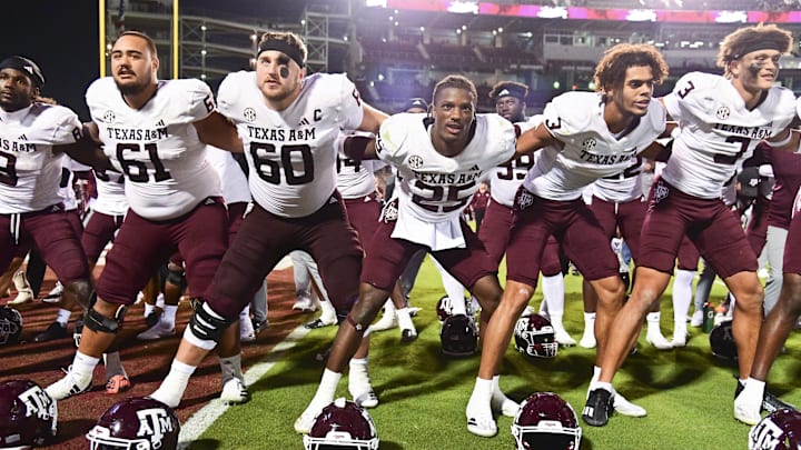 Oct 19, 2024; Starkville, Mississippi, USA; Texas A&M Aggies players react after defeating the Mississippi State Bulldogs at Davis Wade Stadium at Scott Field. 
