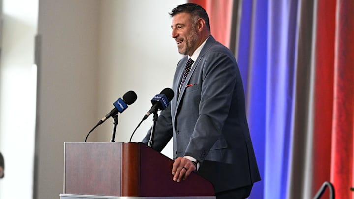 Jan 13, 2025; Foxborough, MA, USA; Mike Vrabel addresses media at a press conference to announce his hiring as the New England Patriots head coach at Gillette Stadium.
