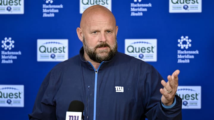 May 10, 2025; East Rutherford, NJ, USA; New York Giants head coach Brian Daboll speaks during a press conference before rookie minicamp at Quest Diagnostics Training Center.  