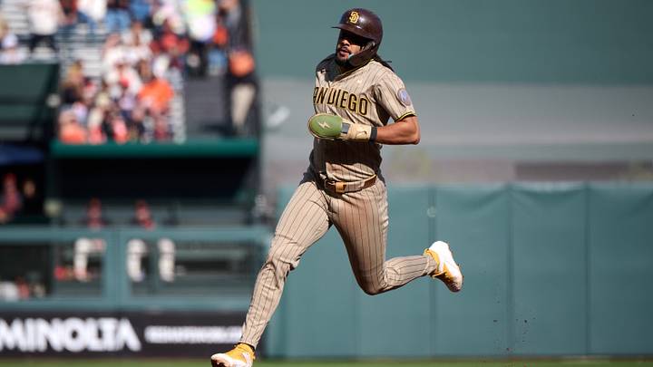 Sep 13, 2026; San Francisco, California, USA; San Diego Padres outfielder Fernando Tatis Jr. (23) runs toward third base against the San Francisco Giants during the first inning at Oracle Park. Mandatory Credit: Robert Edwards-Imagn Images
