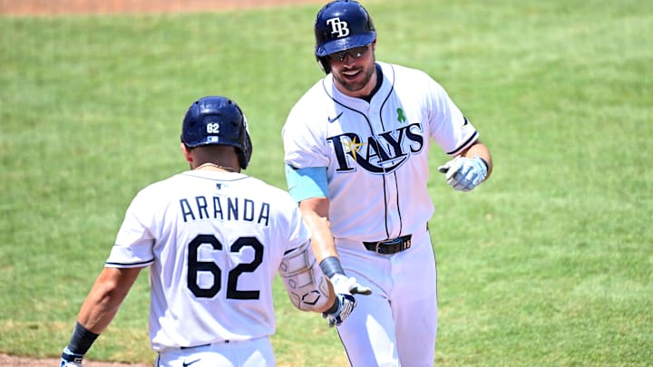 Tampa Bay Rays right fielder Josh Lowe (right) celebrates with first baseman Jonathan Aranda after hitting a solo home run.