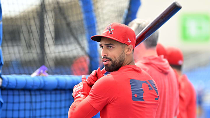 Dunedin, Florida, USA;St. Louis Cardinals shortstop Jose Fermin (15) prepares for batting practice before a spring training game against the Toronto Blue Jays at TD Ballpark.