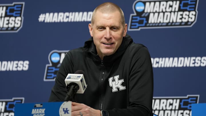 Mar 20, 2025; Milwaukee, WI, USA;  Kentucky Wildcats head coach Mark Pope speaks during an NCAA Tournament First Round Practice press conference at Fiserv Forum. Mandatory Credit: Jeff Hanisch-Imagn Images