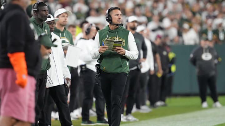 Sep 11, 2025; Green Bay, Wisconsin, USA; Green Bay Packers head coach Matt LaFleur looks on in the fourth quarter against the Washington Commanders at Lambeau Field. Mandatory Credit: Jeff Hanisch-Imagn Images