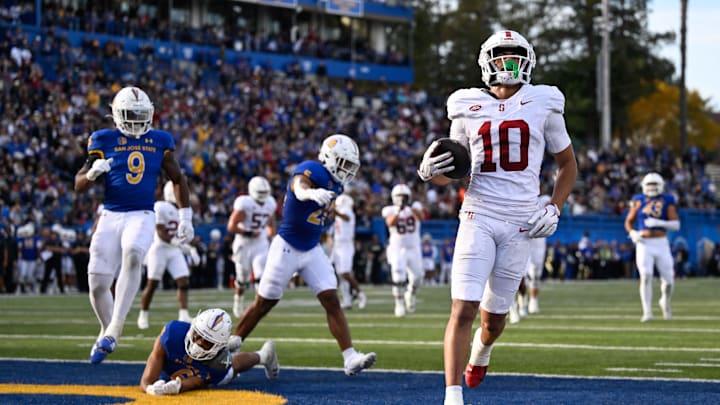 Nov 29, 2024; San Jose, California, USA; Stanford Cardinal wide receiver Emmett Mosley V (10) scores a touchdown against the San Jose State Spartans in the second quarter at CEFCU Stadium. Mandatory Credit: Eakin Howard-Imagn Images