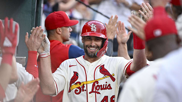 Sep 3, 2022; St. Louis, Missouri, USA; St. Louis Cardinals first baseman Paul Goldschmidt (46) celebrates with teammates after hitting a two-run home run against the Chicago Cubs during the first inning at Busch Stadium. Mandatory Credit: Jeff Curry-Imagn Images Sep 3, 2022; St. Louis, Missouri, USA; St. Louis Cardinals first baseman Paul Goldschmidt (46) celebrates with teammates after hitting a two-run home run against the Chicago Cubs during the first inning at Busch Stadium. Mandatory Credit: Jeff Curry-Imagn Images