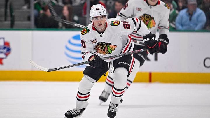 Mar 8, 2026; Dallas, Texas, USA; Chicago Blackhawks center Ryan Greene (20) skates against the Dallas Stars during the game between the Stars and the Blackhawks at American Airlines Center. Mandatory Credit: Jerome Miron-Imagn Images