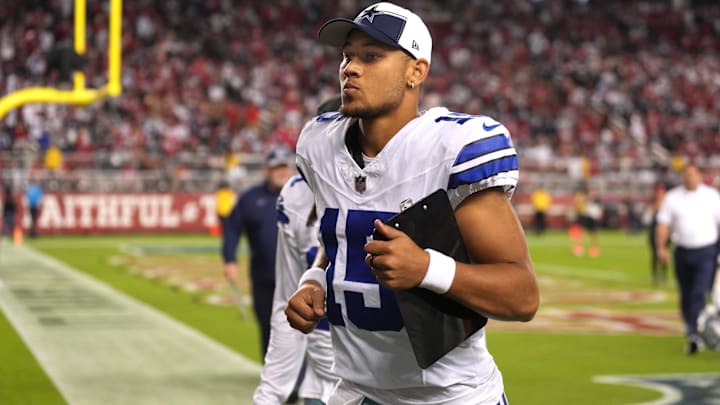 Oct 8, 2023; Santa Clara, California, USA; Dallas Cowboys quarterback Trey Lance (15) jogs off of Oct 8, 2023; Santa Clara, California, USA; Dallas Cowboys quarterback Trey Lance (15) jogs off of