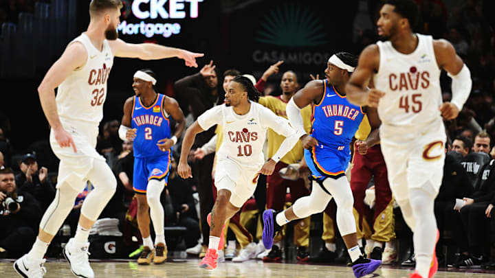 Jan 8, 2025; Cleveland, Ohio, USA; Cleveland Cavaliers guard Darius Garland (10) celebrates after hitting a three point basket during the first quarter against the Oklahoma City Thunder at Rocket Mortgage FieldHouse. Mandatory Credit: Ken Blaze-Imagn Images