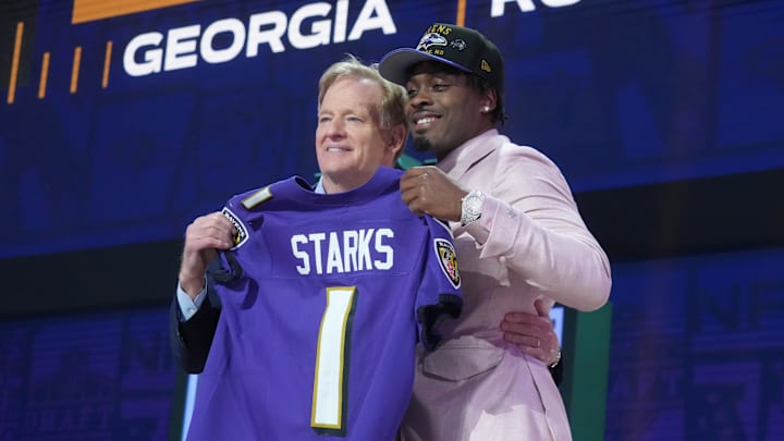 NFL commissioner Roger Goodell with Georgia Bulldogs safety Malaki Starks after he is selected by the Baltimore Ravens.