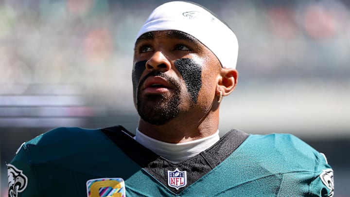 Philadelphia Eagles quarterback Jalen Hurts (1) before action against the Denver Broncos at Lincoln Financial Field.