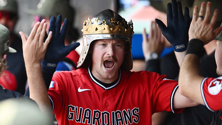 May 17, 2026; Cleveland, Ohio, USA; Cleveland Guardians first baseman Kyle Manzardo (9) celebrates after hitting a home run during the third inning against the Cincinnati Reds at Progressive Field. Mandatory Credit: Ken Blaze-Imagn Images